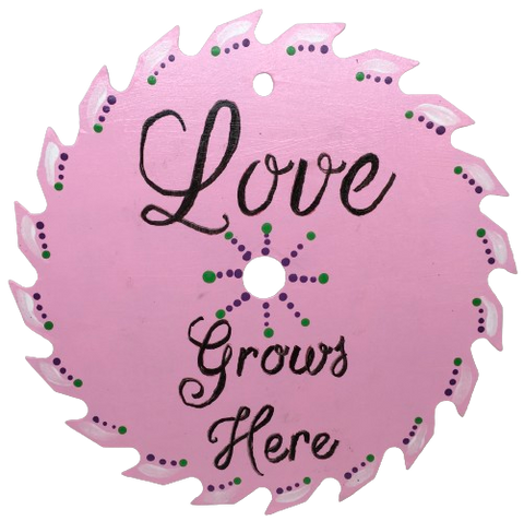 Vintage SAW BLADE Round Circular Upcycled Handmade Hand Painted Wall Art LOVE GROWS HERE Home Decor Saw Wall Hanging Sawblade Art Metal Art Blade Art Circular Saw Art Crafters Delight Unique Country Home Decor Gift LOVE Farmhouse Decor {{ JAMsCraftCloset }}