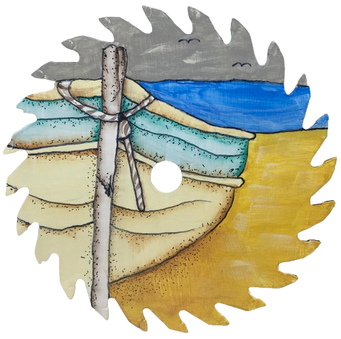 Vintage SAW BLADE Round Circular Upcycled Handmade Hand Painted Wall Art BOAT AND BEACH Home Decor Saw Wall Hanging Sawblade Art Metal Art Blade Art Circular Saw Art Lake House Cabin Decor Crafters Delight Unique Gift House Decor Camper Decor {{ JAMsCraftCloset }}