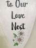 FAN BLADE Wall Art WELCOME TO OUR LOVE NEST Upcycled Repurposed Tear Shaped Ceiling Fan Blade Wall Art Hand Painted Pen and Ink Chalkboard on Back Handmade Home Decor Unique Gift Crafters Delight {{ JAMsCraftCloset }}