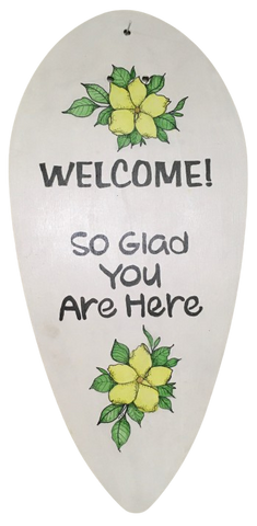 FAN BLADE Wall Art WELCOME SO GLAD YOU ARE HERE Upcycled Repurposed Tear Shaped Ceiling Fan Blade Wall Art Hand Painted Pen and Ink Chalkboard on Back Handmade Home Decor Unique Gift Crafters Delight {{ JAMsCraftCloset }}