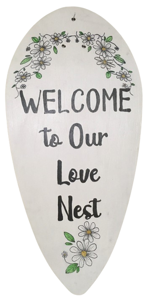 FAN BLADE Wall Art WELCOME TO OUR LOVE NEST Upcycled Repurposed Tear Shaped Ceiling Fan Blade Wall Art Hand Painted Pen and Ink Chalkboard on Back Handmade Home Decor Unique Gift Crafters Delight {{ JAMsCraftCloset }}