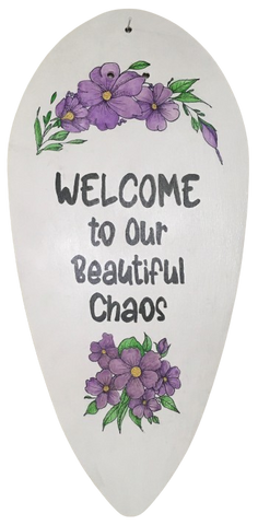 FAN BLADE Wall Art WELCOME TO OUR BEAUTIFUL CHAOS Upcycled Repurposed Tear Shaped Ceiling Fan Blade Wall Art Hand Painted Pen and Ink Chalkboard on Back Handmade Home Decor Unique Gift Crafters Delight {{ JAMsCraftCloset }}
