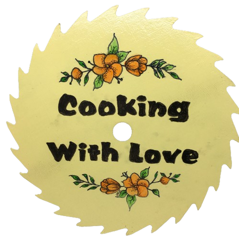 Vintage SAW BLADE Round Circular Upcycled Handmade Hand Painted Wall Art COOKING WITH LOVE Home Decor Saw Wall Hanging Sawblade Art Metal Art Blade Art Circular Saw Art Crafters Delight Unique Chef Gift Kitchen Decor {{ JAMsCraftCloset }}