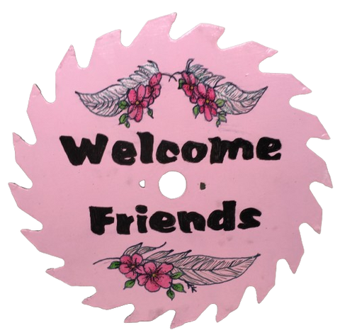 Vintage SAW BLADE Round Circular Upcycled Handmade Hand Painted Wall Art WELCOME FRIENDS Home Decor Saw Wall Hanging Sawblade Art Metal Art Blade Art Circular Saw Art Crafters Delight Unique Gift Porch Door Decor {{ JAMsCraftCloset }}