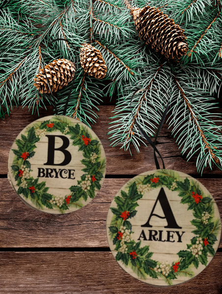 Christmas Personalized Ornament Handmade INITIAL AND NAME WREATH Large Round Wooden Sublimation Large Holiday Tree Decoration GIFT Crafters Delight {{ JAMsCraftCloset }}