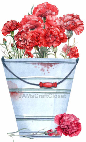 DIGITAL GRAPHIC DESIGN-Country-Floral-RED CARNATIONS-Vintage-Bucket 1-Sublimation-Download-Digital Print-Clipart-PNG-SVG-JPEG-Crafters Delight-Digital Art {{ JAMsCraftCloset }}
