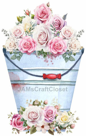 DIGITAL GRAPHIC DESIGN-Country-Floral-PINK AND WHITE ROSES-Vintage-Bucket 3-Sublimation-Download-Digital Print-Clipart-PNG-SVG-JPEG-Crafters Delight-Digital Art {{ JAMsCraftCloset }}