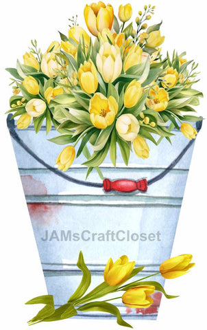 DIGITAL GRAPHIC DESIGN-Country-Floral-YELLOW TULIPS-Vintage-Bucket 7-Sublimation-Download-Digital Print-Clipart-PNG-SVG-JPEG-Crafters Delight-Digital Art {{ JAMsCraftCloset }}