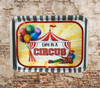 TRAY WHITE  GRAY STRIPED Plastic Rectangle Decoupaged Upcycled Repurposed Circus Theme LIFE IS A CIRCUS Wall Art Shelf Sitter Decor Wall Art Gift - JAMsCraftCloset
