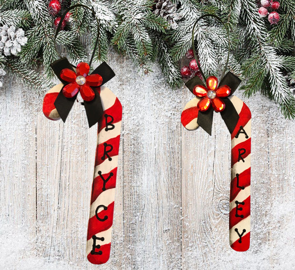 Christmas Personalized Ornament Handmade CANDYCANE Wooden Holiday Candy Cane Tree Decoration Gift Crafters Delight - JAMsCraftCloset