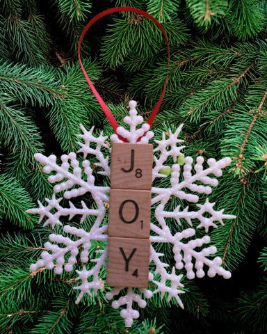 Ornament Handmade Plastic Snowflake Wooden Scrabble Pieces JOY Holiday Tree Decor {{ JAMsCraftCloset }}
