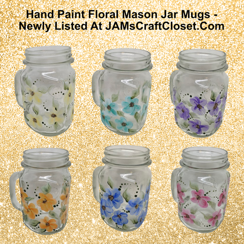 Mugs Mason Jar Drinking Jar Hand Painted Floral Aqua Yellow Purple Pink Blue Golden Harvest Unique Gift Idea {{ JAMsCraftCloset }}