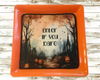 TRAY Orange Plastic Square Decoupaged Hand Painted Upcycled Repurposed Wall Art ENTER IF YOU DARE Home Decor Halloween Decor Wall Art Gift - JAMsCraftCloset
