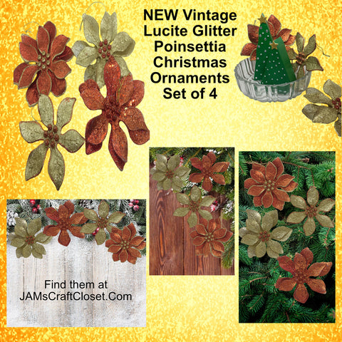 Ornaments Unique Vintage Red and Gold Poinsettias Hard Plastic Glitter Christmas Tree Decor Collectible SET OF 4 - JAMsCraftCloset