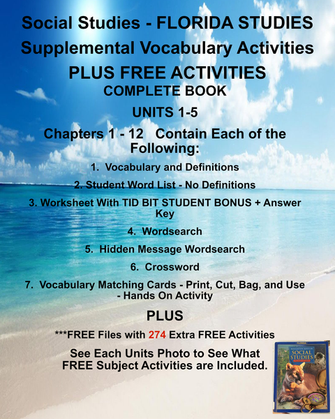 BUNDLE FLORIDA STUDIES Social Studies Houghton Mifflin COMPLETE TEXTBOOK -Teacher Resource Supplemental Vocabulary Activities - UNITS 1-5 - Chapters 1-12-FREE Activities Included {{ JAMsCraftCloset }}