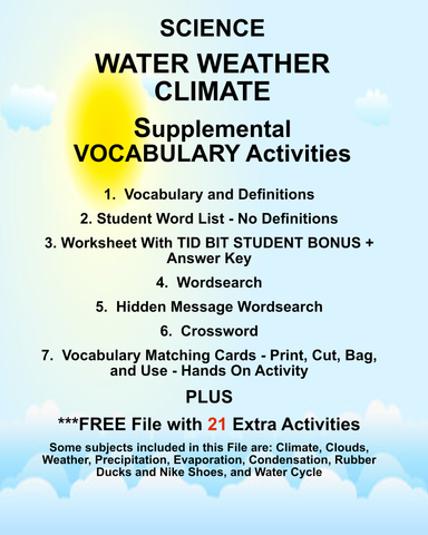 Science WATER WEATHER CLIMATE Teacher Resource Supplemental Vocabulary Activities-Climate-Clouds-Weather-Precipitation-Evaporation-Condensation--Water Cycle-FREE Activities Included {{ JAMsCraftCloset }}