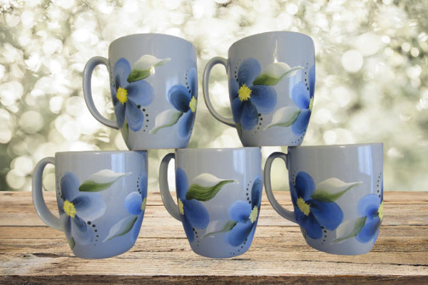 Mugs Coffee Tea Hand Painted Blue Mugs Blue Floral Accents Set of 4 BUY 4 Get 1 FREE {{ JAMsCraftCloset }}