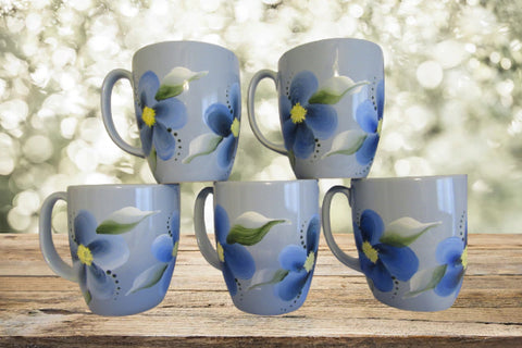 Mugs Coffee Tea Hand Painted Blue Mugs Blue Floral Accents Set of 4 BUY 4 Get 1 FREE {{ JAMsCraftCloset }}