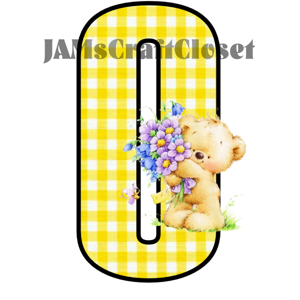 NUMBER SETS Digital Graphic Design Typography Clipart SVG-PNG Sublimation BEAR WITH FLOWERS YELLOW CHECKERED Design Download Crafters Delight {{ JAMsCraftCloset }}