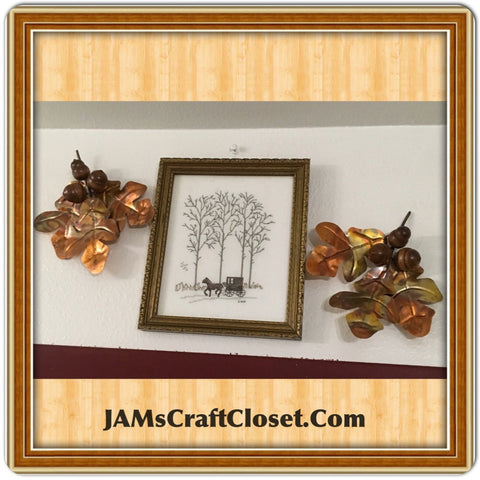 Vintage Wall Art Cross Stitch Picture and 2 Vintage Brass and Wood Accents SET OF 3 JAMsCraftCloset