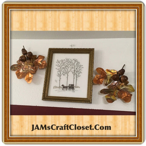 Vintage Wall Art Cross Stitch Picture and 2 Vintage Brass and Wood Accents SET OF 3 {{ JAMsCraftCloset }}