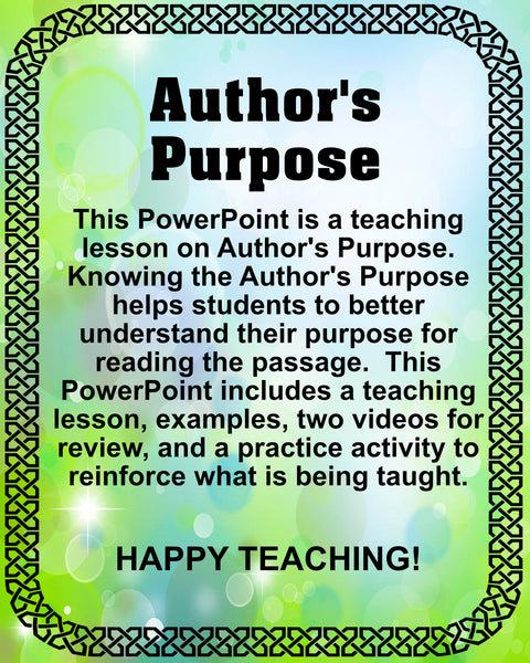 PowerPoint Teacher Resource Lesson for AUTHOR'S PURPOSE Lesson Review Games Quiz Happy Teaching {{ JAMsCraftCloset }}