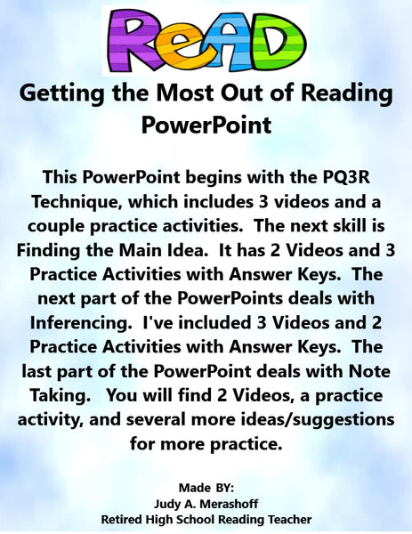 Getting the Most Out of Reading Lesson PowerPoint PQ3R Main Idea Inference Note Taking {{ JAMsCraftCloset }}