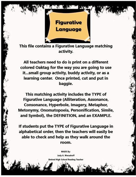 Figurative Language Matching Cards Hands On Teacher Resource {{ JAMsCraftCloset }}