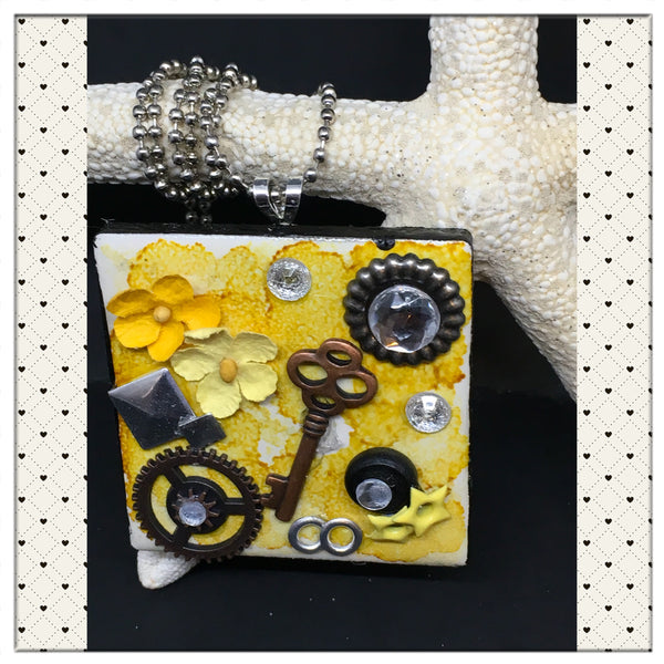 Pendant Necklace Upcycled Repurposed Ceramic Tile Handmade Steampunk Mixed Media Yellow {{ JAMsCraftCloset }}