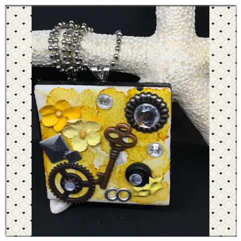 Pendant Necklace Upcycled Repurposed Ceramic Tile Handmade Steampunk Mixed Media Yellow {{ JAMsCraftCloset }}