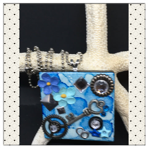 Pendant Necklace Upcycled Repurposed Ceramic Tile Handmade Steampunk Mixed Media Blue {{ JAMsCraftCloset }}