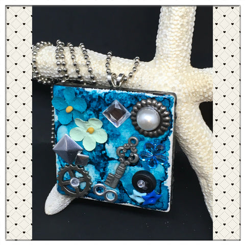 Pendant Necklace Upcycled Repurposed Ceramic Tile Handmade Steampunk Mixed Media Aqua {{ JAMsCraftCloset }}
