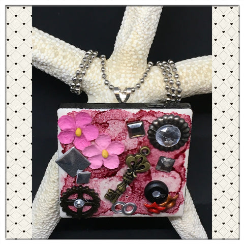 Pendant Necklace Upcycled Repurposed Ceramic Tile Handmade Steampunk Mixed Media Burgundy {{ JAMsCraftCloset }}