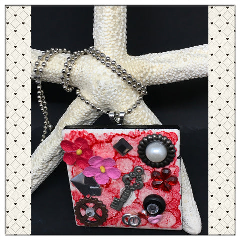 Pendant Necklace Upcycled Repurposed Ceramic Tile Handmade Steampunk Mixed Media Red {{ JAMsCraftCloset }}