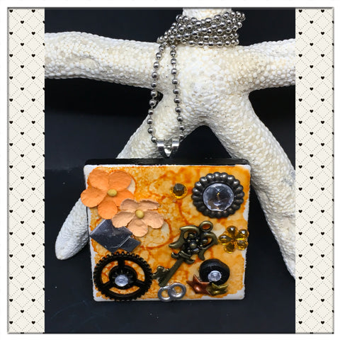 Pendant Necklace Upcycled Repurposed Ceramic Tile Handmade Steampunk Mixed Media Orange {{ JAMsCraftCloset }}
