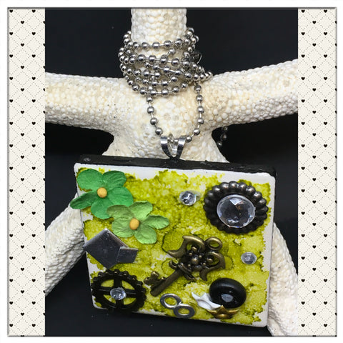 Pendant Necklace Upcycled Repurposed Ceramic Tile Handmade Steampunk Mixed Media Green {{ JAMsCraftCloset }}