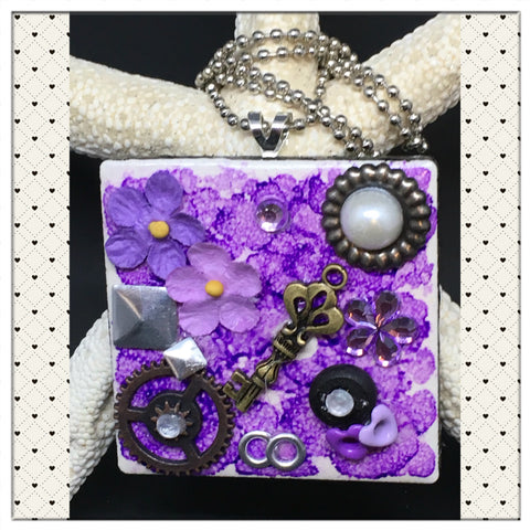 Pendant Necklace Upcycled Repurposed Ceramic Tile Handmade Steampunk Mixed Media Purple {{ JAMsCraftCloset }}