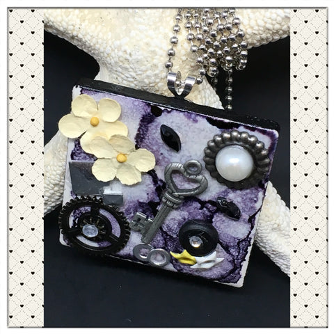 Pendant Necklace Upcycled Repurposed Ceramic Tile Handmade Steampunk Mixed Media Black {{ JAMsCraftCloset }}