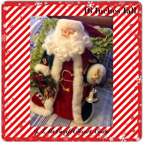 Santa Vintage Red White and Green Standing 16 Inches Tall With Bell and Wreath {{ JAMsCraftCloset }}