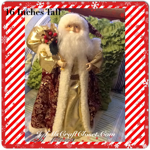 Santa Vintage Burgundy and Gold Standing 16 Inches Tall With Gold Bag and Holly Berries {{ JAMsCraftCloset }}