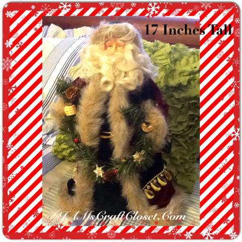 Santa Vintage Burgundy and Green Standing 17 Inches Tall With Pinecone and Snowflake Garland {{ JAMsCraftCloset }}