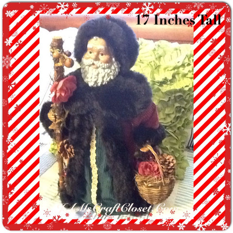 Santa Vintage Rust and Green Standing 17 Inches Tall With Staff Basket and Rose Flowers {{ JAMsCraftCloset }}