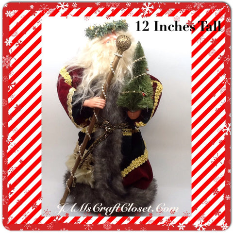 Santa Vintage Burgundy, Green, and Gold Standing 12 Inches Tall With Staff and Christmas Tree {{ JAMsCraftCloset }}