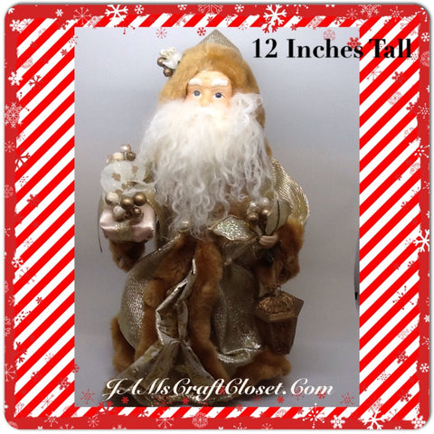 Santa Vintage Tan and Gold Standing 12 Inches Tall With Package and Lantern {{ JAMsCraftCloset }}