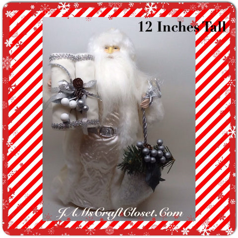 Santa Vintage White and Silver Standing 12 Inches Tall With Bag and Scrolls {{ JAMsCraftCloset }}