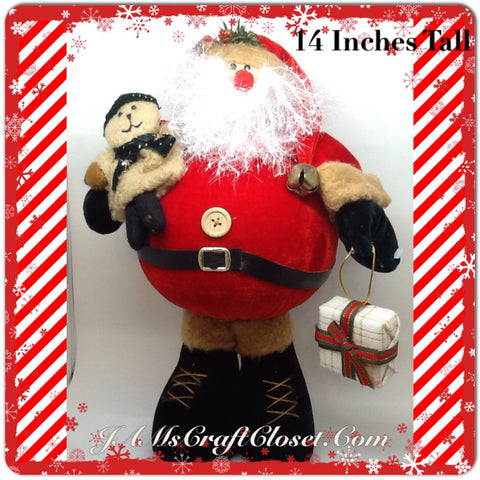 Santa Vintage Standing Red Tan Fat Belly Sparkly Beard Teady Bear and Package 14 Inches Tall {{ JAMsCraftCloset }}