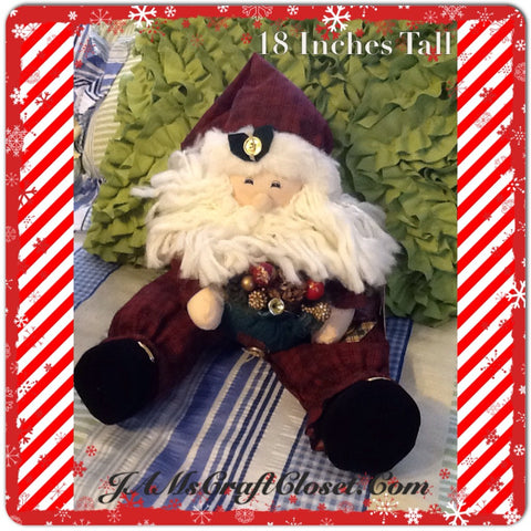 Santa Vintage Primitive Burgundy and Green SITTING 18 Inches Tall With Patchwork Heart and Bag {{ JAMsCraftCloset }}