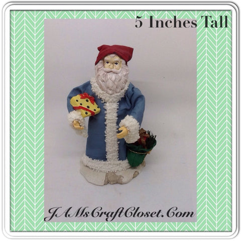 Santa Vintage Blue Red Shelf Sitter 5 Inches Tall Holiday Decor Yellow Package Green Bag {{ JAMsCraftCloset }}