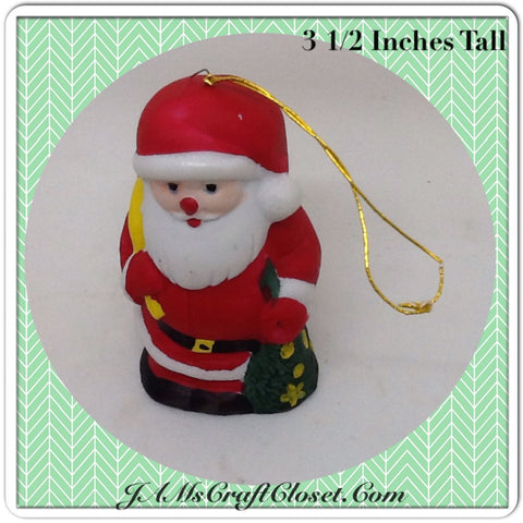 Vintage Santa Shelf Sitter Stands 3 1/2 Inches Tall Holding Yellow Bag Christmas Tree Holiday Decor {{ JAMsCraftCloset }}