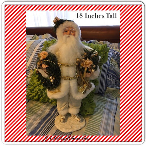 Vintage Table Top Santa White Gold Holding a Wreath Gold Pearl Berries and Pink Flowers {{ JAMsCraftCloset }}